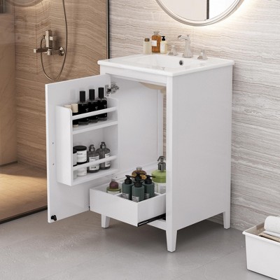 KWPZQEB 20" Bathroom Vanity with Ceramic Basin, Undermount Vanity Sink Cabinet with Adjustable Shelves and Drawer, Storage Cabinet for Bathroom