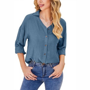 Womens Button Down Shirt Linen Button Up Shirts for Women Long Sleeve Dress Shirt Collared Blouse Tops Tunics - 1 of 4