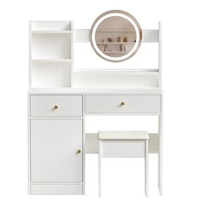 Fashion dressing table with makeup mirror and makeup light and cushioned chair, 3 colors lighting brightness adjustable, dressing table