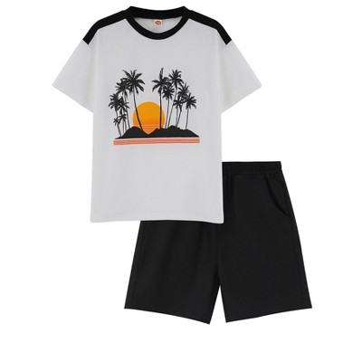 Boy Casual Summer T-Shirt and Shorts Sets Hawaiian Outfit Kid Leaves Prinfted Short Sleeve Shirt Top shorts Suits