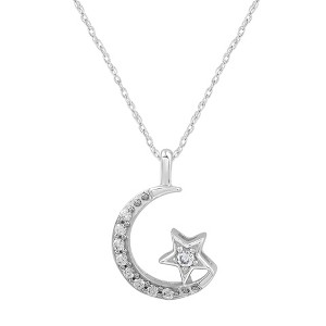 GILDED 1/10 Cttw Necklace in 10KT White Gold or 14KT Yellow Gold Over Sterling Silver, Moon & Star Pendant, Natural Round-Cut Diamond, 18" Cable Chain - 1 of 4