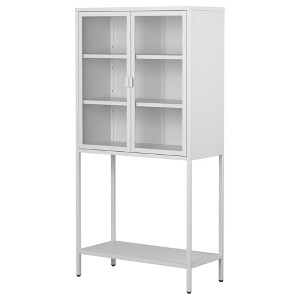 VYNXARIA Heavy - Duty Metal Storage Cabinet with White Finish, Doubling as Decorative Bookshelf, Featuring Glass Doors & 2 Adjustable Shelves - 1 of 4