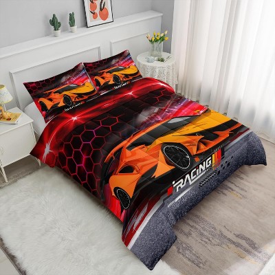 Race Car Comforter Set Twin Size – 3Pcs Kids Racing Car Bedding with Honeycomb Design, Extreme Sports Quilt Set for Boys, Teens with 2 Pillowcases