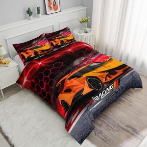 Race Car Comforter Set Twin Size – 3Pcs Kids Racing Car Bedding with Honeycomb Design, Extreme Sports Quilt Set for Boys, Teens with 2 Pillowcases - 1 of 4