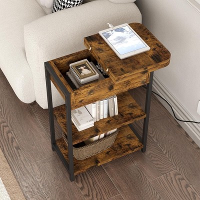 Rustic Brown End Table Set with USB Ports and Shelves