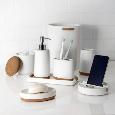 White Ceramic Toothbrush Holder with Cork Base