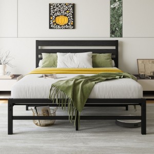 Full Size Platform Bed Frame with Rustic Vintage Wood Headboard, No Box Spring Needed Black - 1 of 4