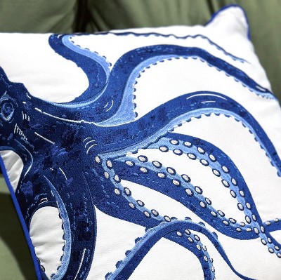 Blue and White Cotton Embroidered Octopus Throw Pillow