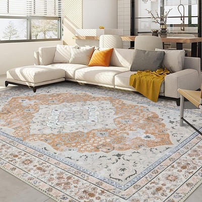 Vintage Distressed Area Rug for Living Room Traditional Medallion Stain Resistant Accent Rug, 9' x 12' Orang