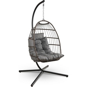 SereneLife SWC77DG.5 Hanging Egg Swing Chair with Stand—Rattan Wicker Egg-Shaped Swing, Waterproof Seat Cushion, and Headrest - 1 of 4
