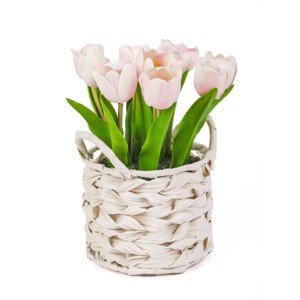 10" Artificial Pink Tulips in White Basket - National Tree Company - 1 of 3