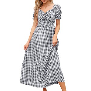 Clearlove Women's Square Neck Puff Sleeve Smocked Waist Gingham Dress Summer Mini Dress with Shirred Bust - 1 of 4
