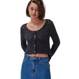 Coolmee Women's Crochet Shrug Sweater Tie Front Knit Bolero Shrug for Dress Long Sleeve Cropped Cardigan - 1 of 4