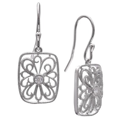 Women's Filgree Rectangle Drop Earrings with Bezeled Cubic Zirconia in Sterling Silver - Clear/Gray (27mm)