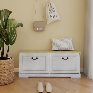 AndMakers 17.71 in. H x 41.33 in. W Antique White Shoe Cabinet with 2 Flip Drawers and Adjustable Shelf - 1 of 4