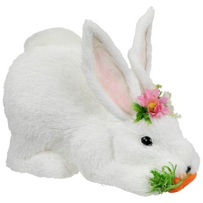 White Plastic Easter Bunny Figurine with Floral Crown and Carrot