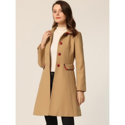 Allegra K Women's Peter Pan Collar Contrast Trim Single Breasted Winter Long Coat Khaki Small — фото 2