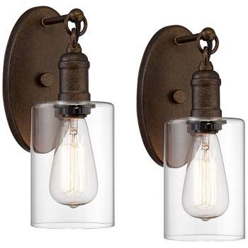 Franklin Iron Works Cloverly Rustic Wall Light Sconces Set of 2 Bronze Hardwire 4 1/2" Fixture LED Clear Glass for Bedroom Bathroom Vanity Reading