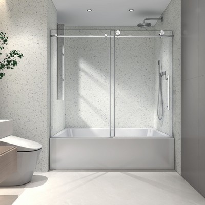 NicBex Shower Door 63"H Frameless 1 Fixed and 1 Shifted Shower Doors 304 Stainless Steel Large Pulleys with Adjustable Soft Closing Function, Chrome