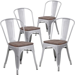Emma and Oliver 4 Pack Metal Stackable Chair with Wood Seat - 1 of 4