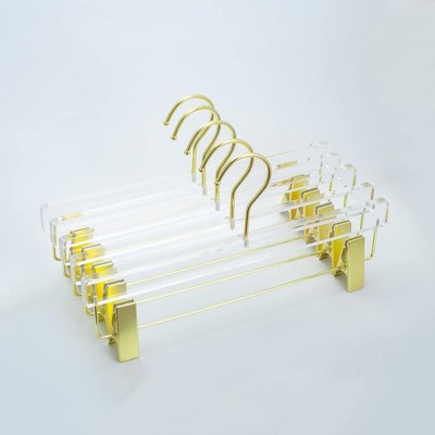 HomeCube USA Clear Acrylic Skirt Hangers with Gold Hooks & Clips, Elegant, Durable & Heavy Duty, Perfect For Home & Boutique Use, Drop Design