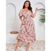 Coolmee Women Plus Size Boho Floral Smocked Square Neck Short Sleeve Ruffle A Line Maxi Dress - 4 of 4