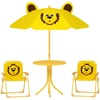 Qaba Kids Picnic Table and Chair Set, Outdoor Activity Table with 2 Foldable Chairs, Removable Umbrella, for Backyard, Garden