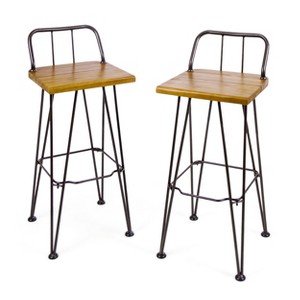 GDFStudio Outdoor Industrial Acacia Wood 30 Inch Barstools (Set of 2), Teak - 1 of 4