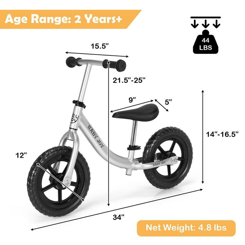 Babyjoy Aluminum Balance Bike for Kids Adjustable No Pedal Training Bicycle, 4 of 11