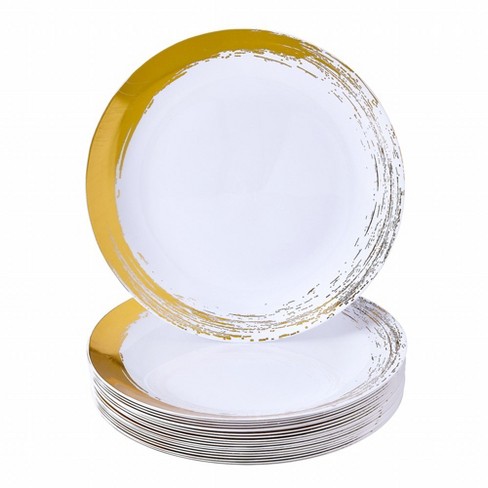 10 Pack White And Gold Brush Stroked Round Plastic Dessert Plates