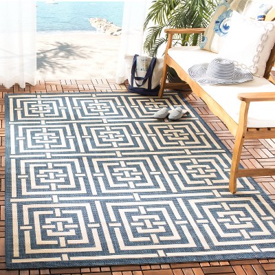 Navy and Beige Geometric Outdoor Area Rug