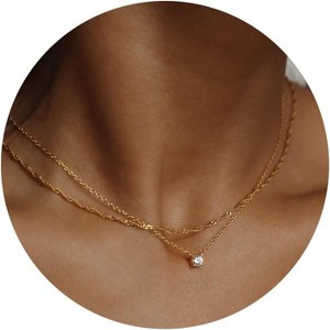 Dainty Gold Layered Necklace for Women, Non-Tarnish 14K Gold Plated CZ Pendant Choker - 1 of 4