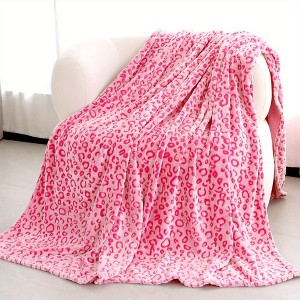 1pc White Flannel Blanket with Pink Leopard Print, All Season Machine Washable Cozy Blanket for Bed, Couch, Christmas Gifts. - 1 of 4