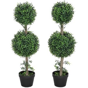 Set of 2 Artificial Ball Boxwood Topiary Trees, Fake Plants in Pot for Indoor Outdoor Living Room Green - 1 of 4