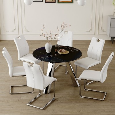 VYNXARIA Table and chair set:A 42inch stainless steel leg round table Paired with 6 Uniquely designed Black Dining Chairs With Silver Metal Leg