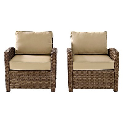 Bradenton Weathered Brown Outdoor Wicker Armchair Set with Sand Cushions