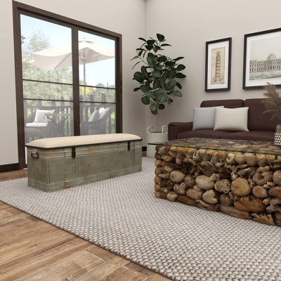Gray Galvanized Metal Storage Bench with Beige Upholstered Seat