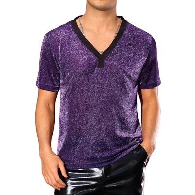 INSPIRE CHIC Men's V-Neck Short Sleeve Party Sheer Glitter T-Shirt