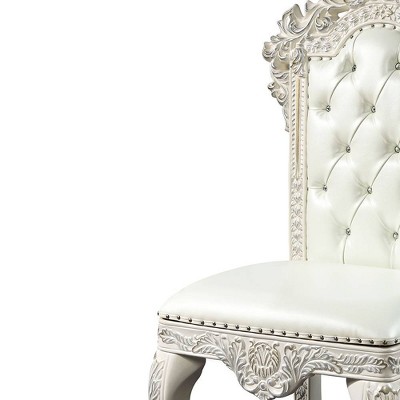 Antique White Tufted Faux Leather Ornate Side Chairs, Set of 2