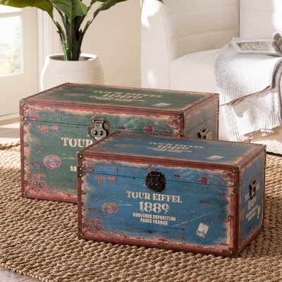 Baxton Studio 2pc Sabeen Faux Leather and Wood Storage Trunk Set Green/Blue