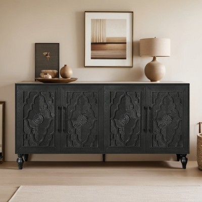 63'' Large Storage Cabinet with Metal Handle, Carved Flower Doors, Wooden Mordern Sideboard Console with Adjustable Shelves - Leovsnove