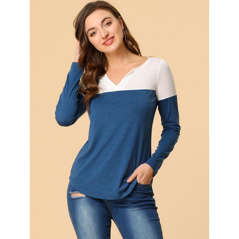 Allegra K Women's Casual Color Block Stretch Long Sleeves Split V-Neck T-Shirt, 4 of 7