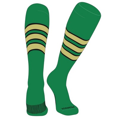PEAR SOX Striped OTC Baseball, Softball, Football Socks (C) Kelly Green, Black, Vegas Gold