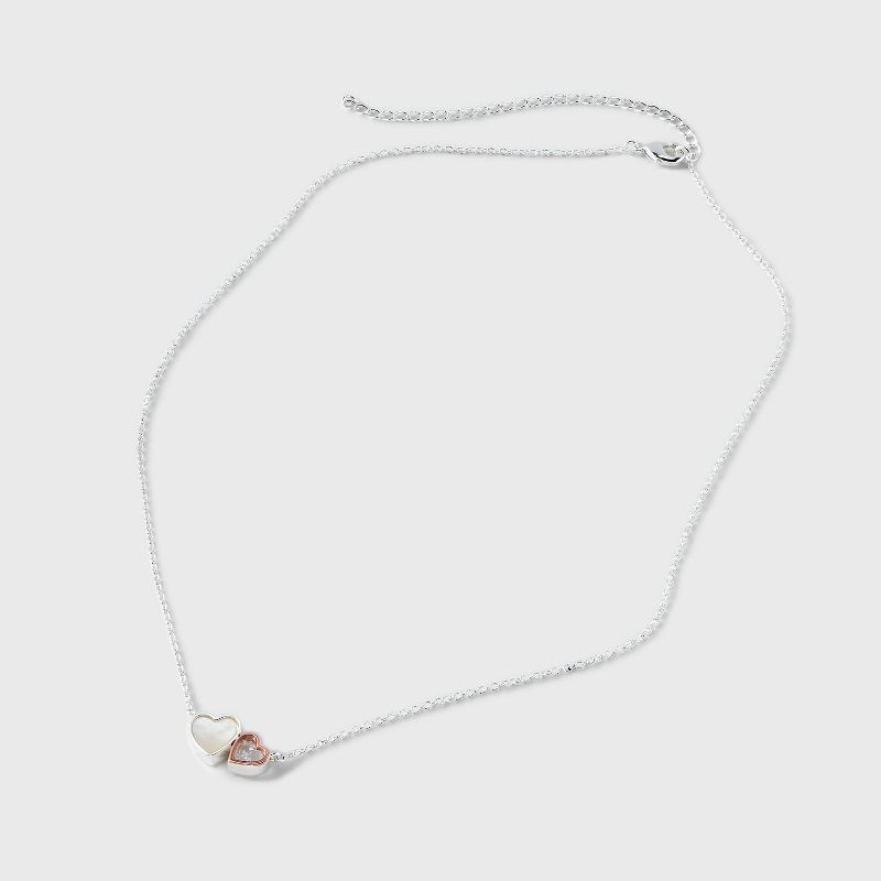 Silver Plated Two Tone Mother of Pearl and Cubic Zirconia Double Heart Shaker Necklace - Silver/Rose Gold, 3 of 5