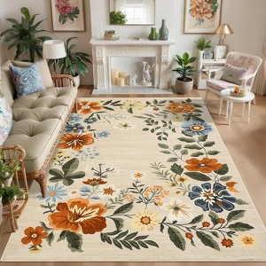 Washable Area Rug, Floral Non-Slip Non-Shedding Living Room Rug, Low Pile Stain-Resistant Throw Carpet, Foldable Printed Soft Carpet - 1 of 4