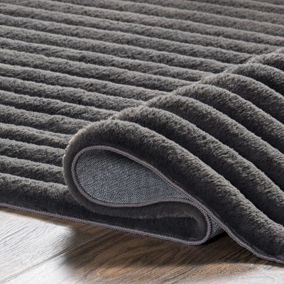 Kai Gray Stripe Faux Rabbit Fur Washable Area Rug