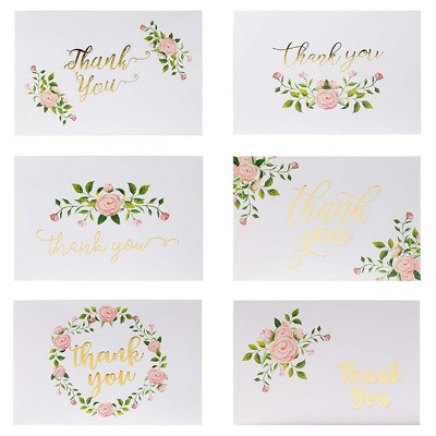 Paper Junkie 48 Count Floral Thank You Cards with Envelopes Set, Gold Foil Rose Thank You Notes for Wedding, Bridal & Baby Shower, 4x6 in