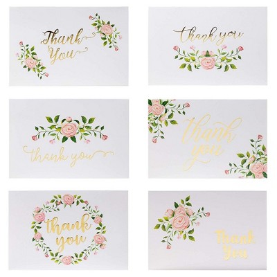 48 Pcs Thank You Cards w/Envelope, Gold Foil Elegant Rose Flower Designs, 4"x6"