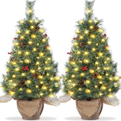 homfan Pre-Lit Small Artificial Mini Christmas Tree, Christmas Tree Prelit with Vintage Potted Base, , Home Decor Indoor for Bedroom, Fireplace