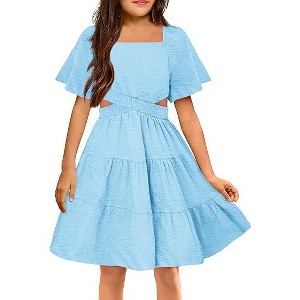 Arshiner Girls Dresses Square Neck Cut Out Shirred Party Cute Tween Dress - 1 of 4